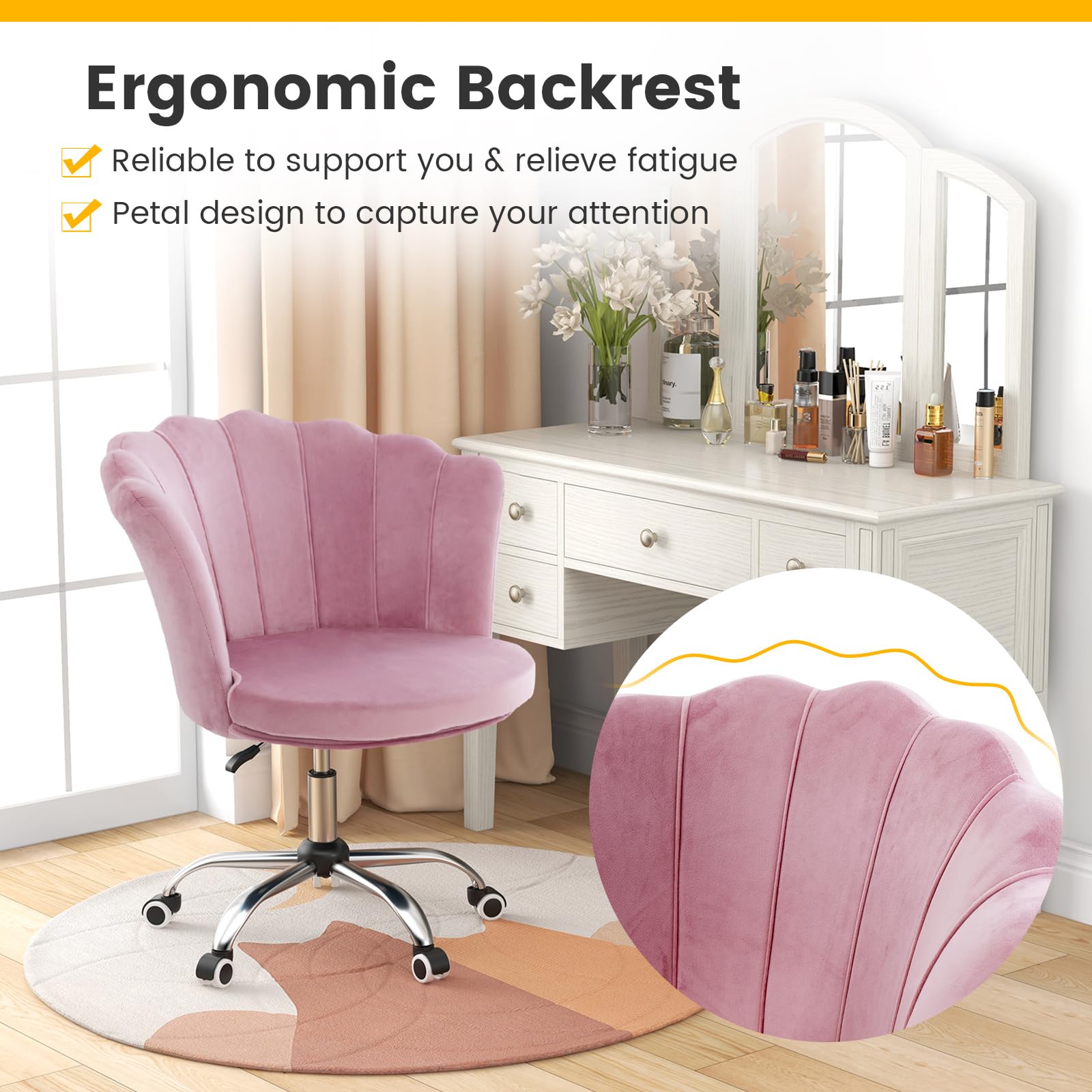 Velvet Office Desk Chair Pink, Modern Vanity Chair with Seashell Back