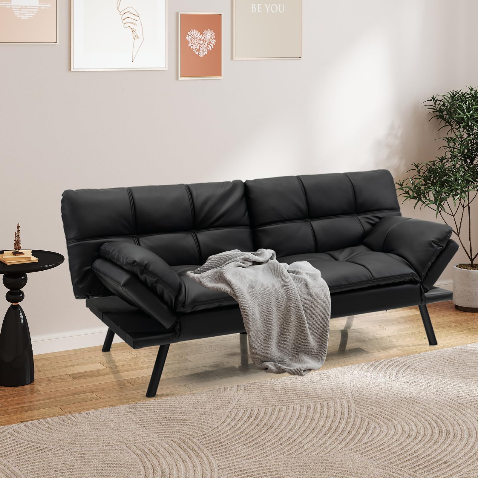 Futon Sofa Bed, Faux Leather Memory Foam Convertible Futon Couch with Adjustable Backrest & Armrests