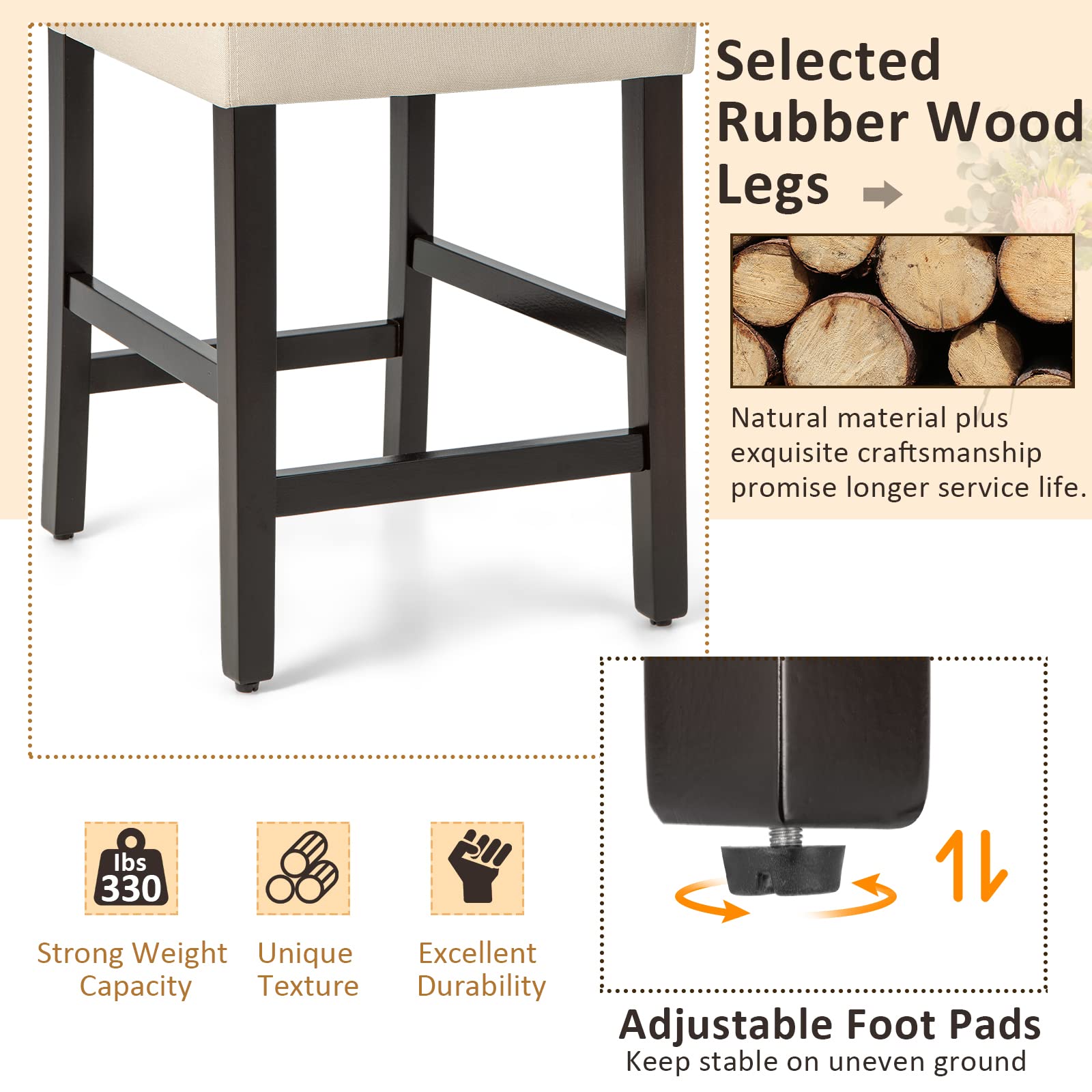 Bar Stools Set of 2/4, Counter Height Bar Dining Chairs with Rubber Wood Legs, Footrest