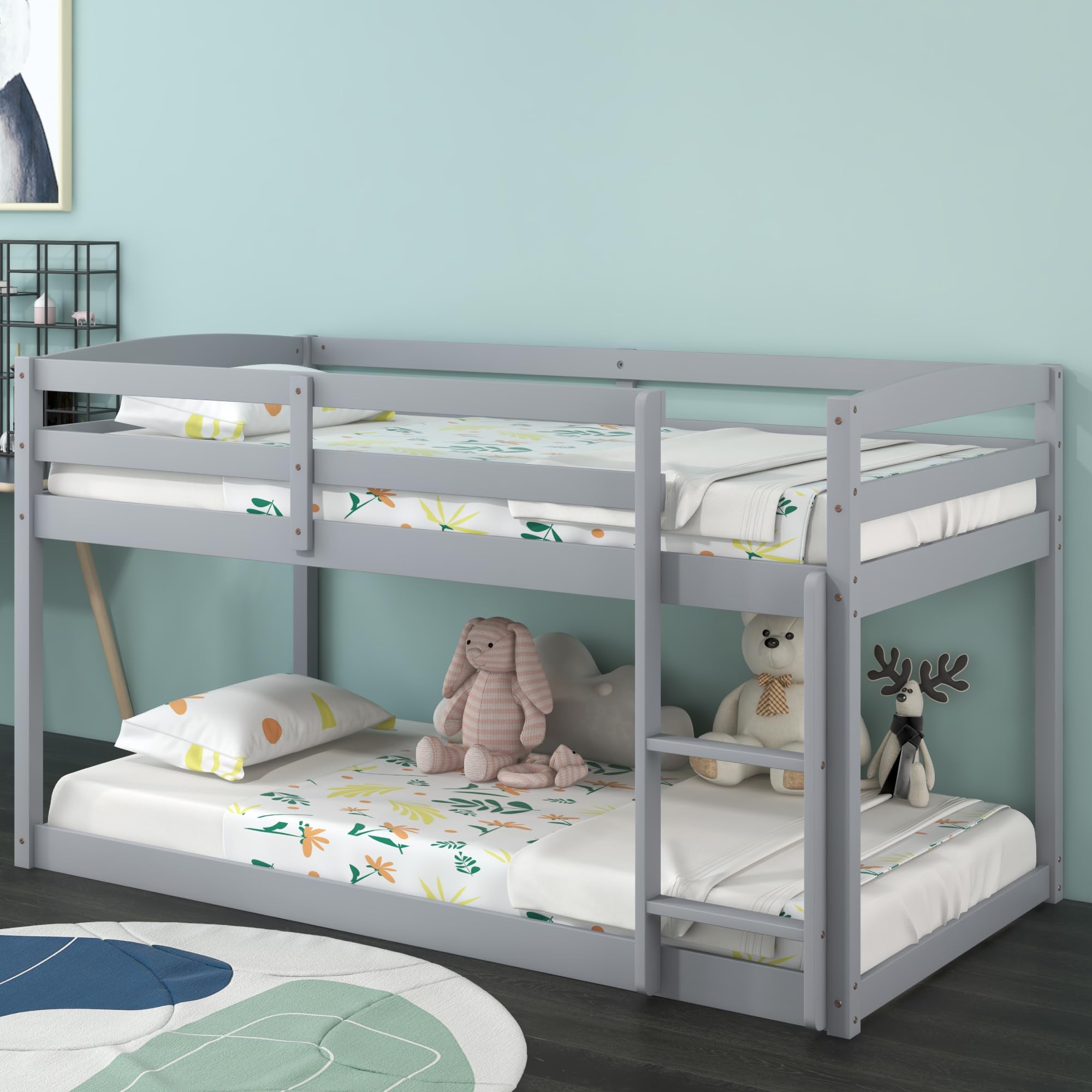 Twin Over Twin Solid Wood Low Bunk Bed with Full Guardrails & Integrated Ladder