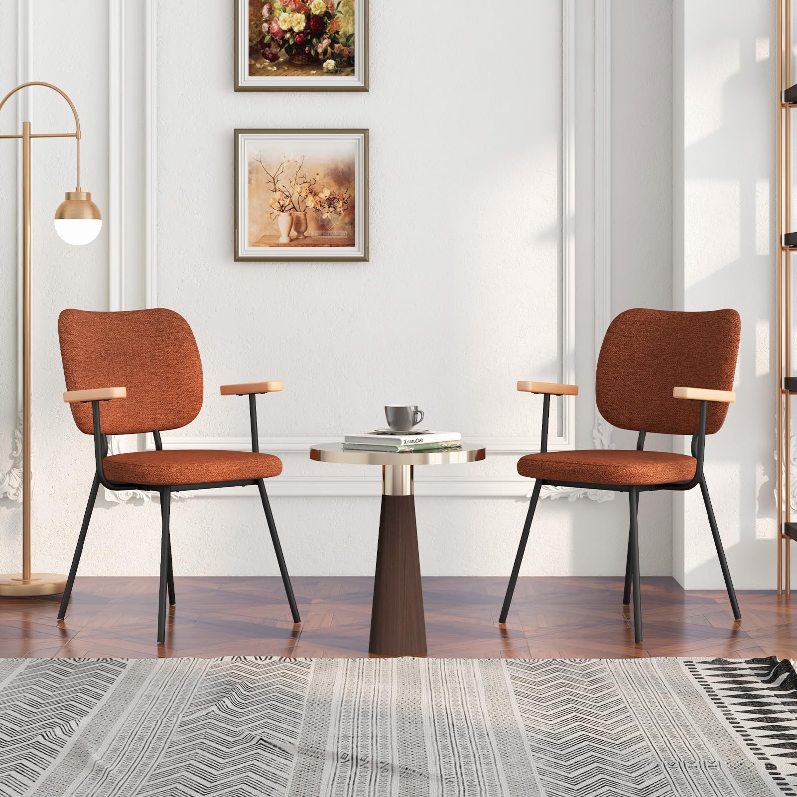 Modern Fabric Dining Chair Set of 2/4, Padded Armchairs with Linen Fabric, Sturdy Metal Legs, Curved Backrest