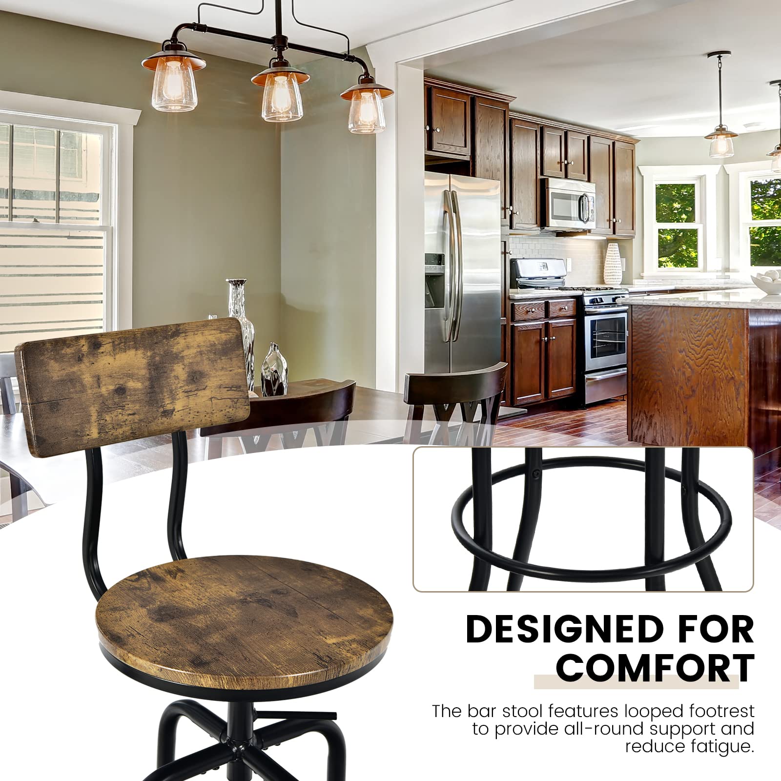 Bar Stools Set of 2/4, Industrial Counter Height Bar Chairs with Height Adjustable Seat, Arc-shaped Backrest & Footrest