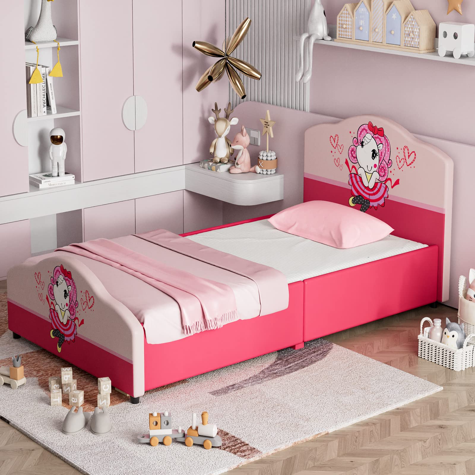 Kids Twin Bed Frame with Headboard, Toddler Upholstered Platform Bed with Slatted Bed Base