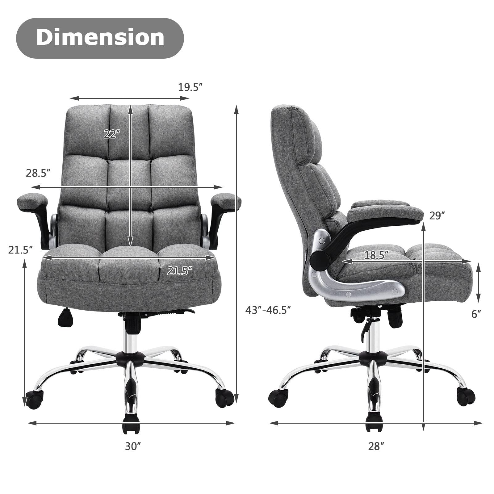 Executive Office Chair, Adjustable Tilt Angle and Flip-up Armrest Linen Fabric Upholstered Chair with Thick Padding