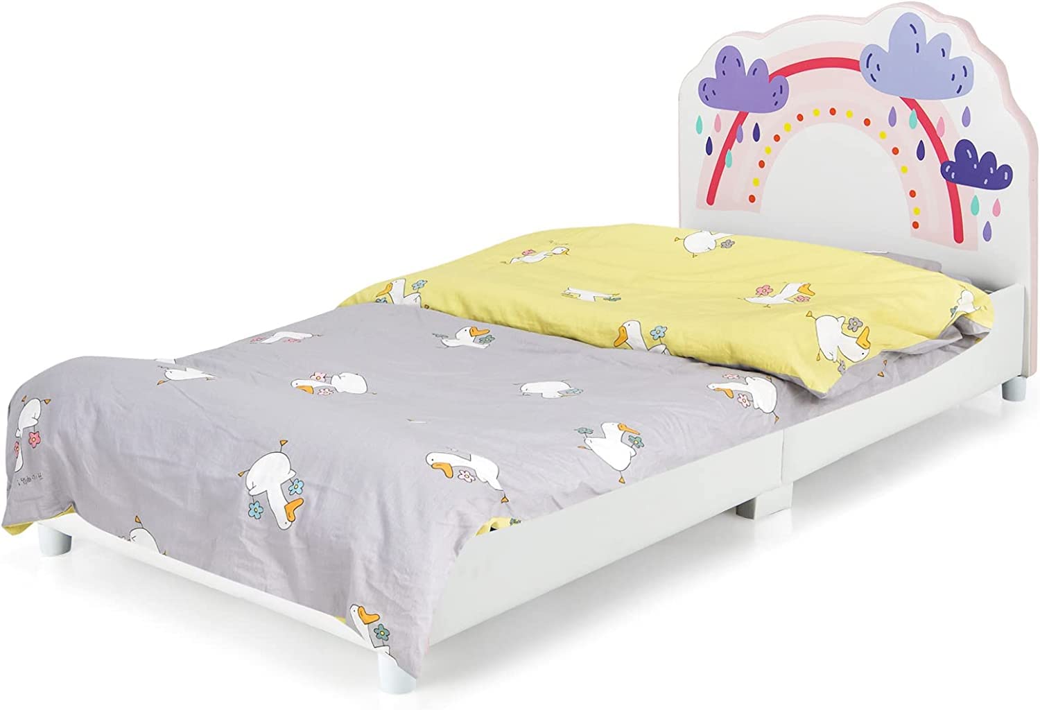 Kids Bed, Toddler Upholstered Platform Floor Bed w/Headboard & Wooden Slat Base
