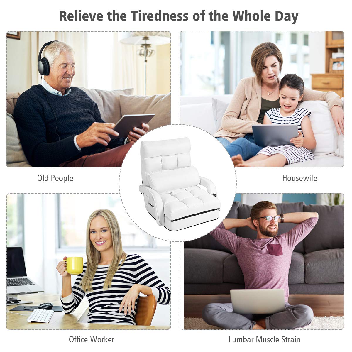 Adjustable Floor Chair, Folding Lazy Sofa Chair with 5 Positions, Detachable Seat Cushion