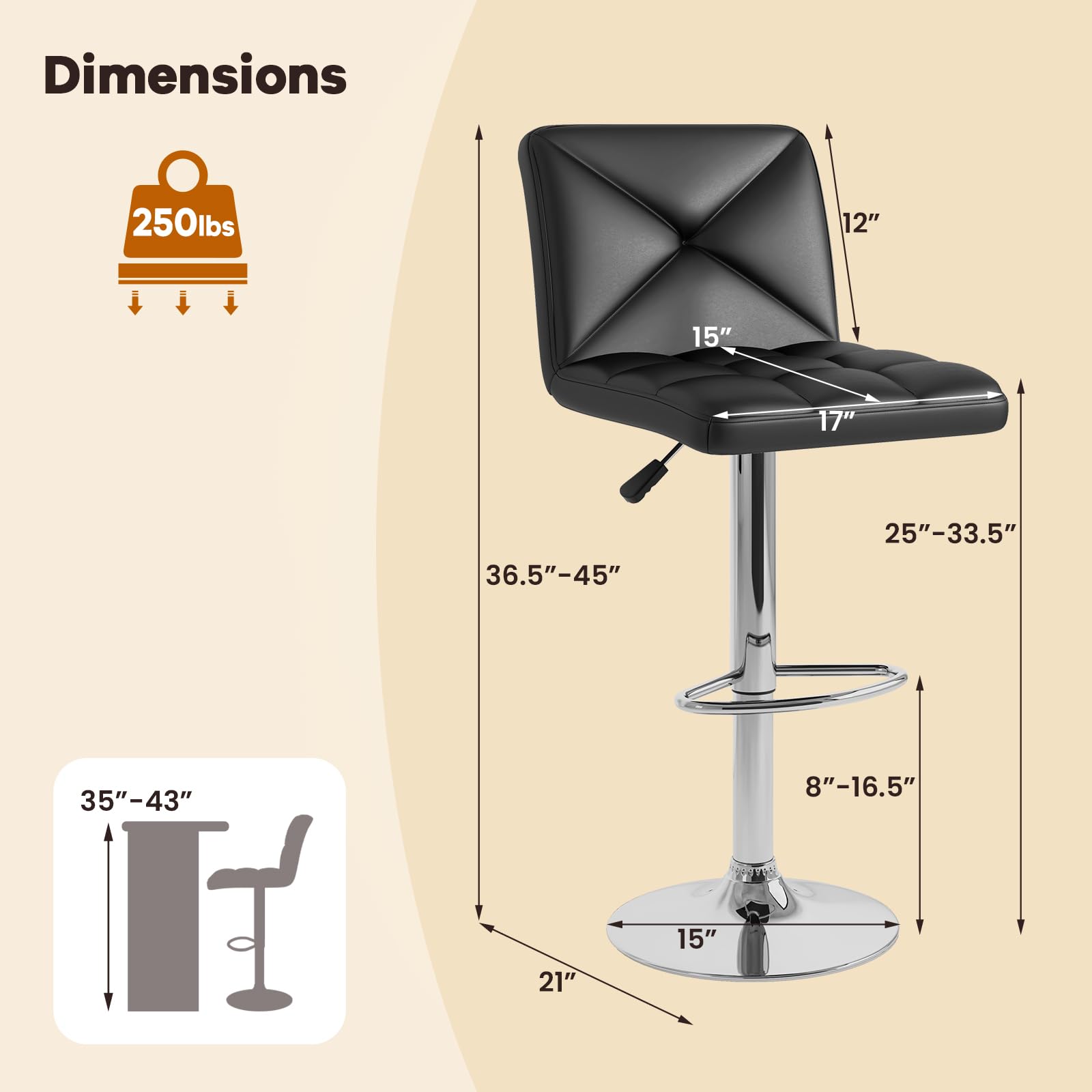 Bar Stools Set of 2/4, Modern PU Leather Swivel Counter Height Bar Stools with Back, Heavy-Duty Metal Base & Footrest