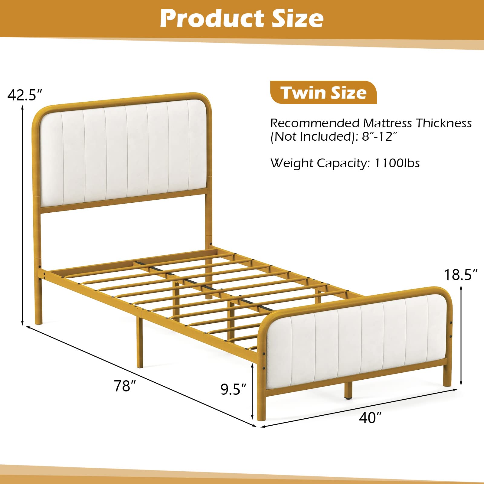 Gold Metal Bed Frame, Heavy-Duty Metal Mattress Foundation with Velvet Headboard and Footboard