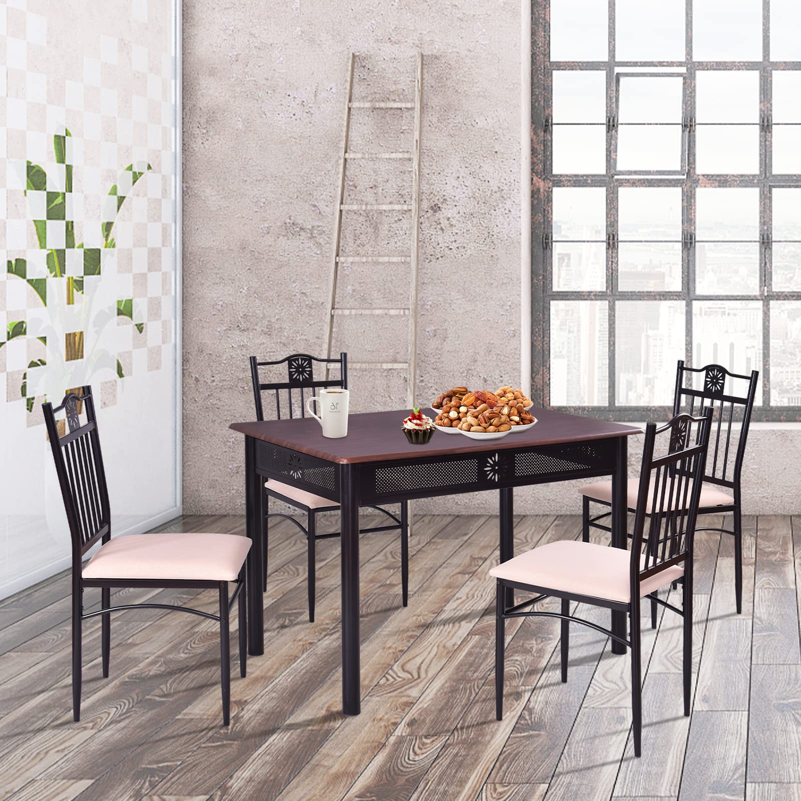 5 Piece Dining Table and Chairs Set, Vintage Retro Wood Top Metal Frame Padded Seat