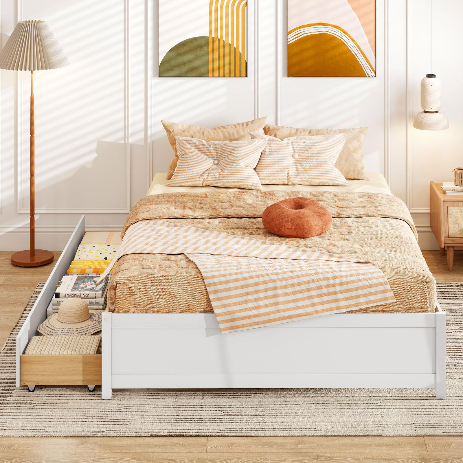 Bed Frame with 2 Storage Drawers, Solid Wood Platform Bed with Slats Support