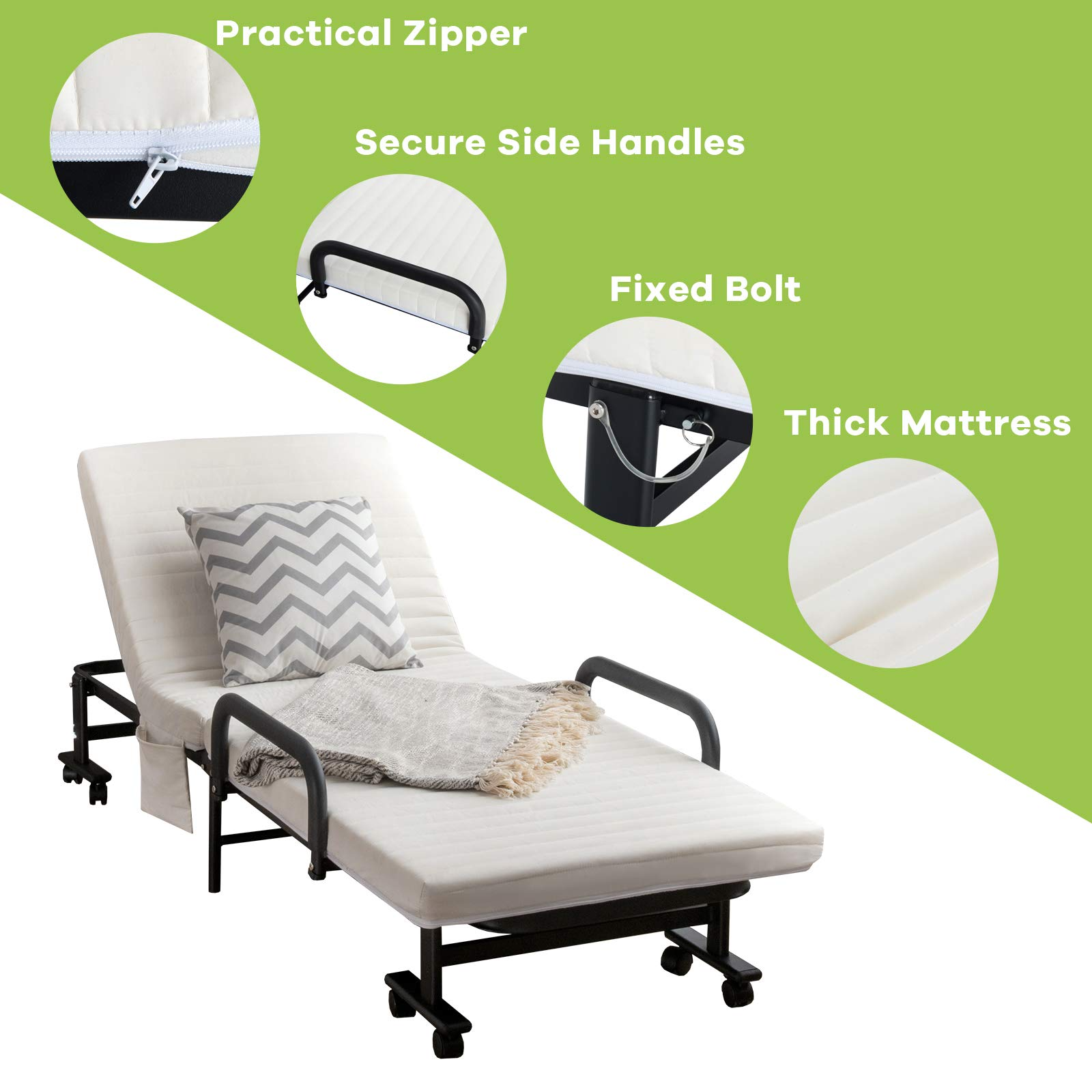 Portable Guest Bed with 6 Positions Adjustable Backrest & Side Storage Pocket