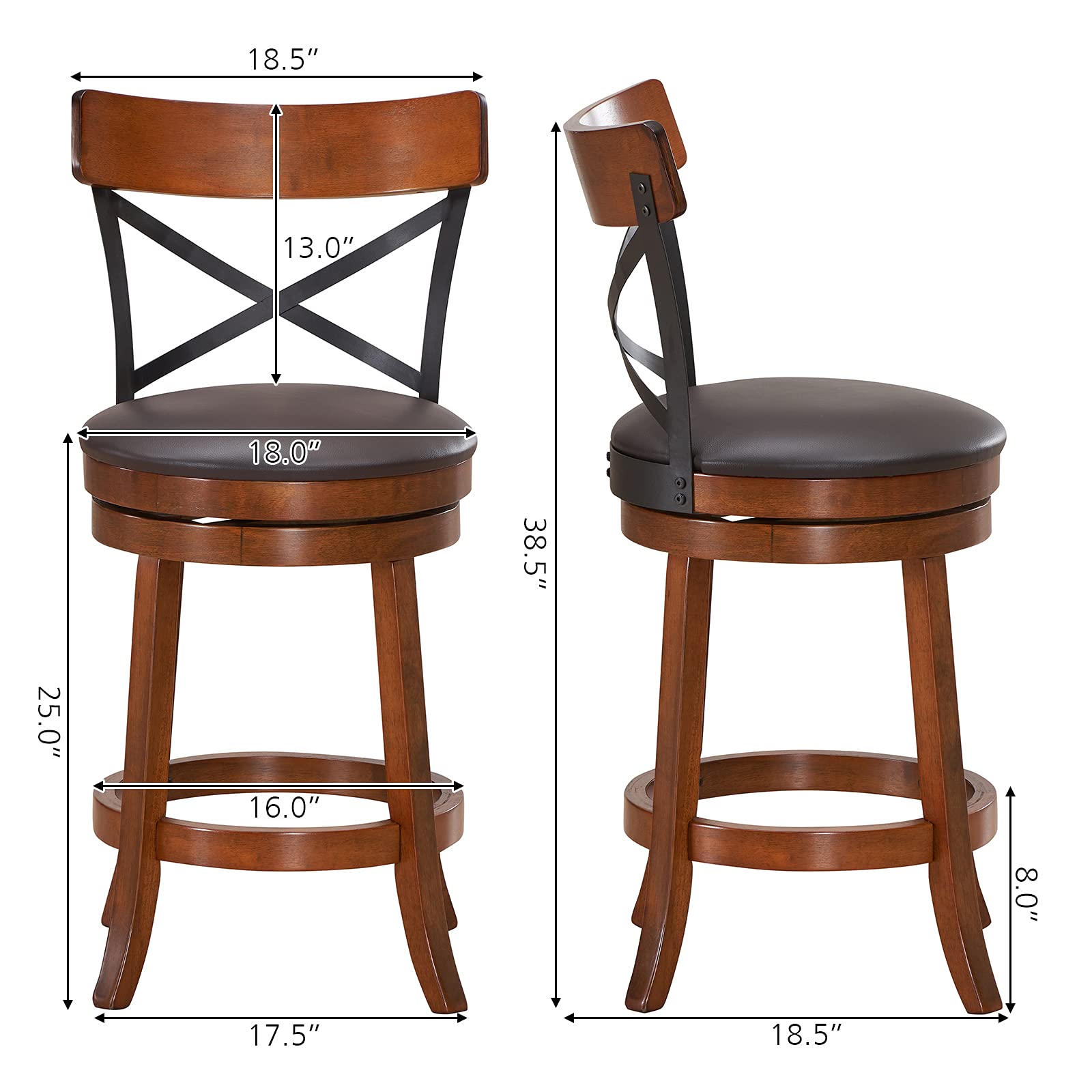 360-Degree Swivel Solid Wood  Bar Stool Set of 2/4 with Soft Cushion & Backrest