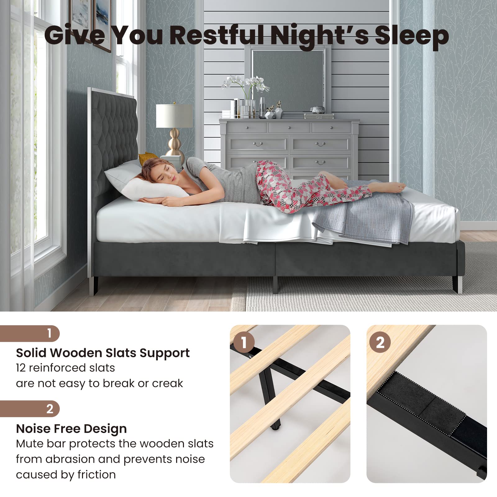 Full Size Upholstered Bed Frame with Button Tufted Headboard