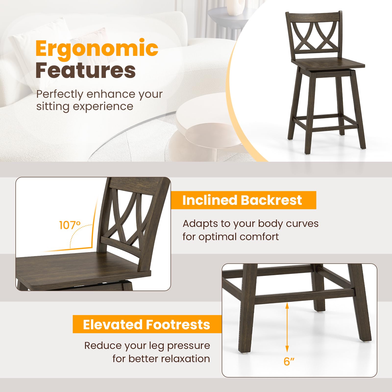 Swivel Wooden Bar Stools Set of 2/4 with Rubber Wood Frame, Footrest & Ergonomic Backrest