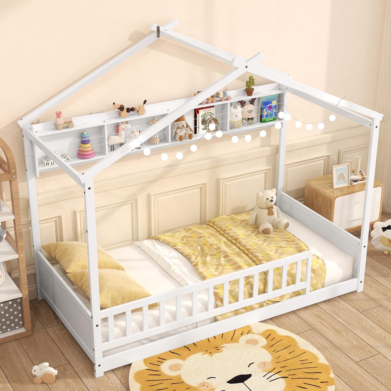 Twin Floor House Bed with Storage Shelf, Headboard & Guardrail