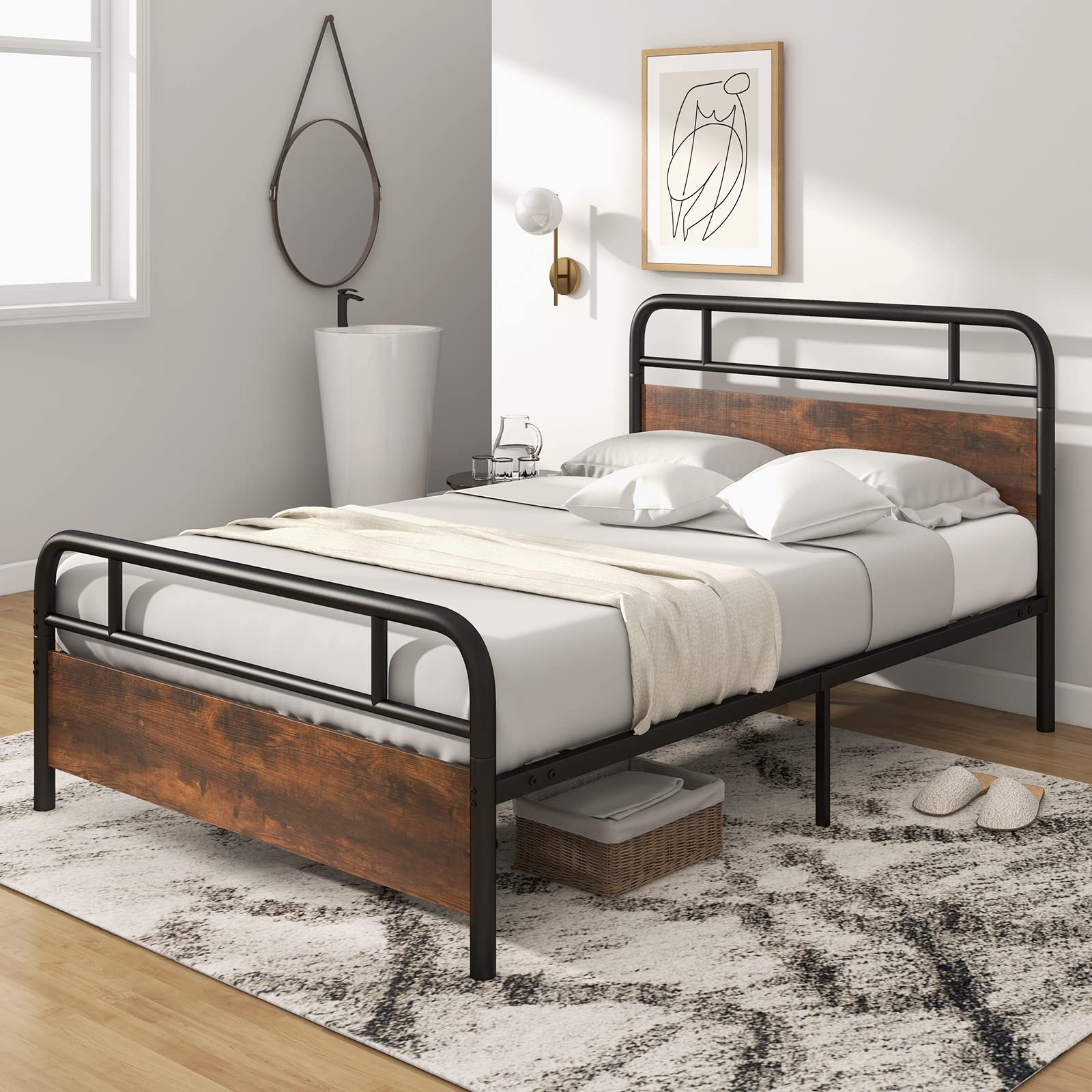 Industrial Metal Bed Frame with Wood Headboard and Footboard, Rustic Brown