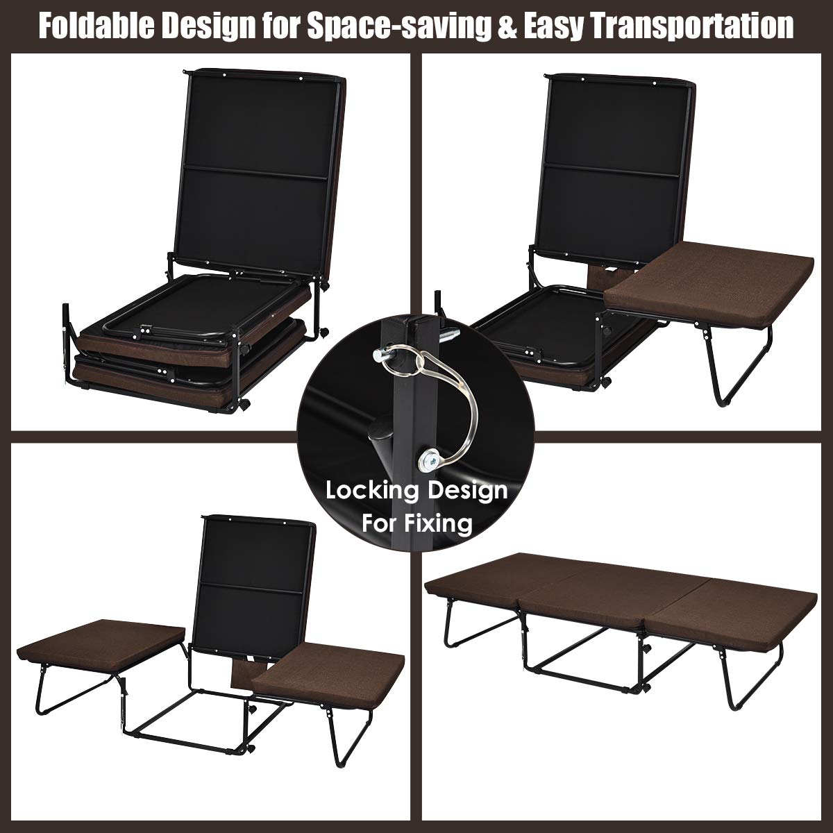 Folding Bed, 3 in 1 Convertible Sleeper Bed with Mattress, Adjustable with 6 Positions