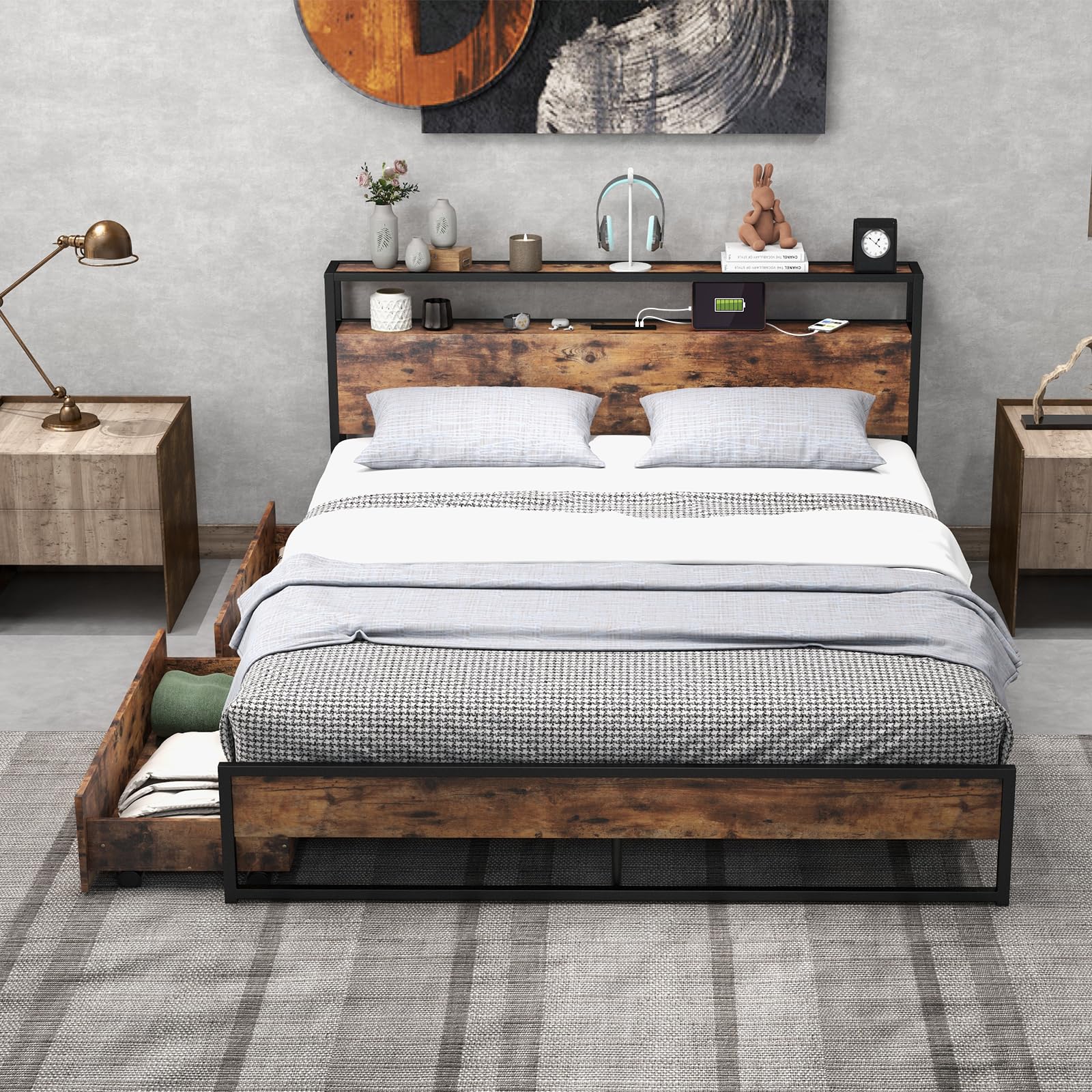 Bed Frame with 2 Storage Drawers and Charging Station, Rustic Metal Slats Support Mattress Foundation
