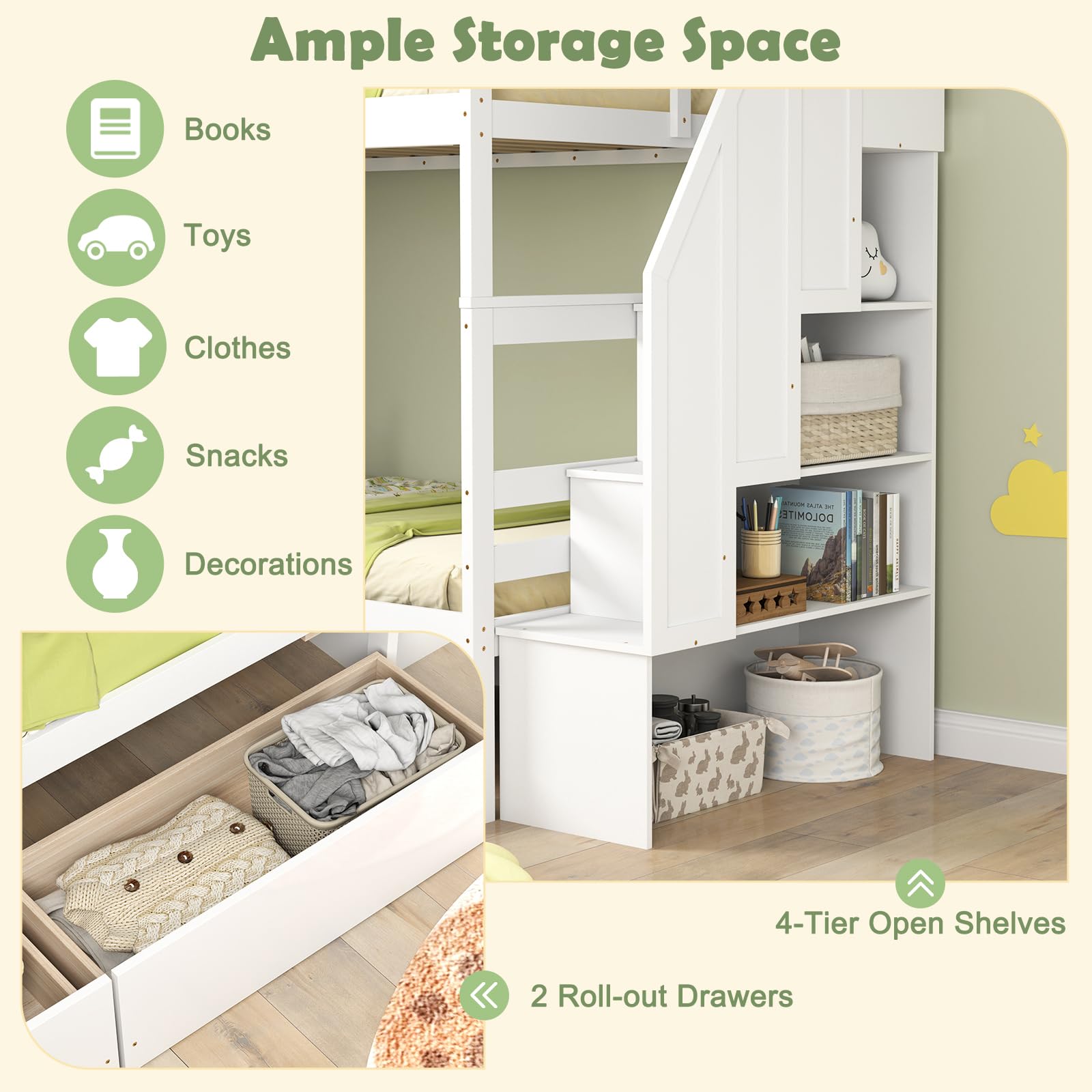 Wood Twin Over Twin Bunk Bed with 2 Storage Drawers & Stairs