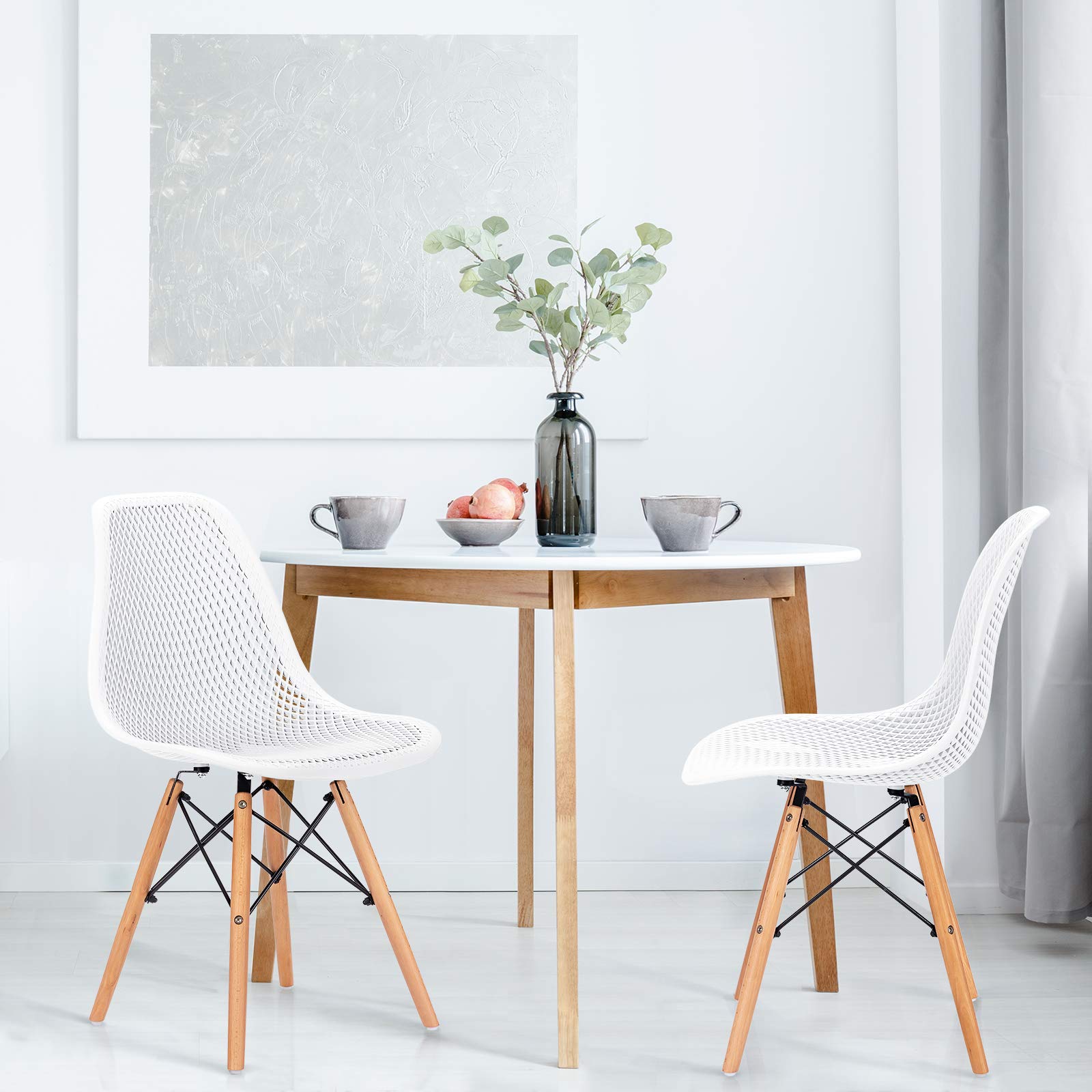 Set of 2/4 Modern Dining Chairs, Outdoor Indoor Shell PP Lounge Side Chairs with Mesh Design, Beech Wood Legs