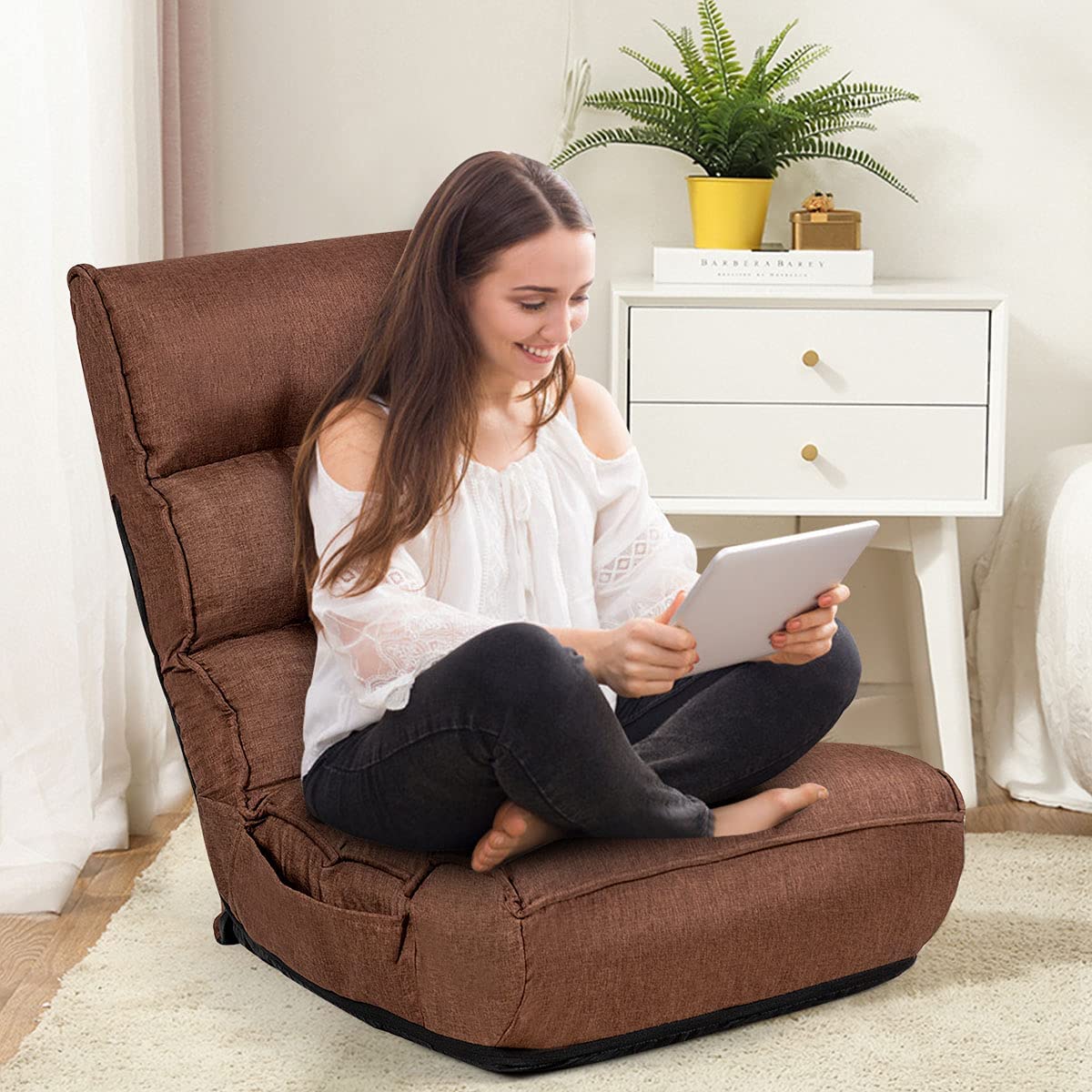 Folding Floor Gaming Chair with 4-Position Adjustable Back, 6-Position Adjustable Headrest, Side Pocket