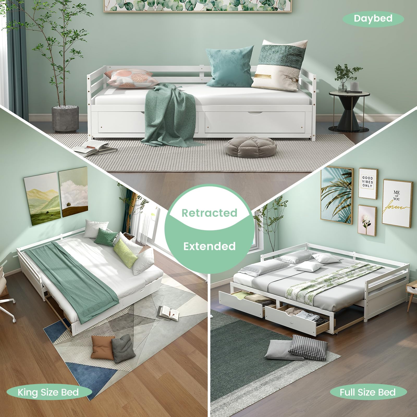 Wood Daybed with Trundle, Extendable Twin to King Daybed Frame with 2 Storage Drawers