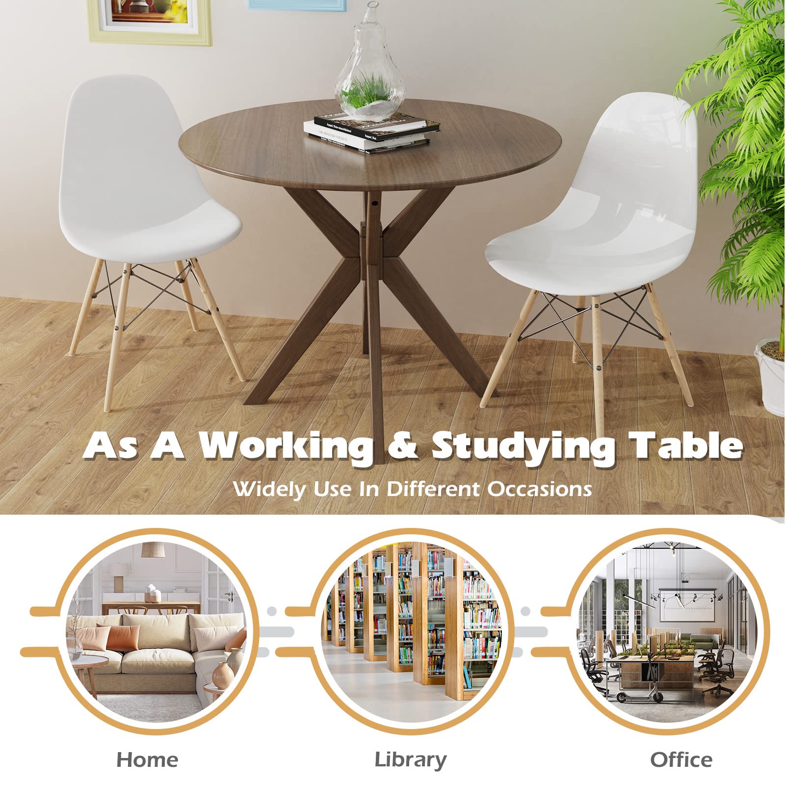 36" Round Dining Table, Solid Wood Kitchen Table with Intersecting Pedestal Base and Adjustable Foot Pads