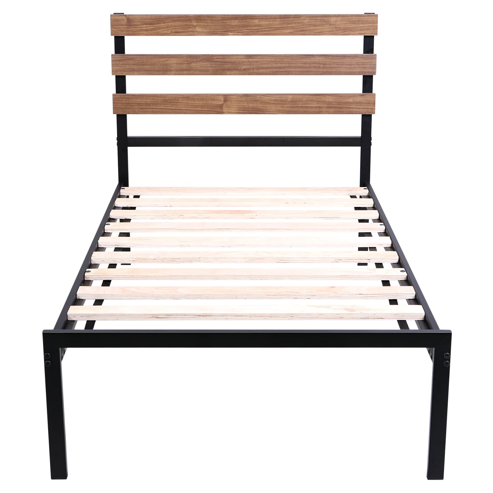 Metal Bed Frame with Wood Headboard and Slats