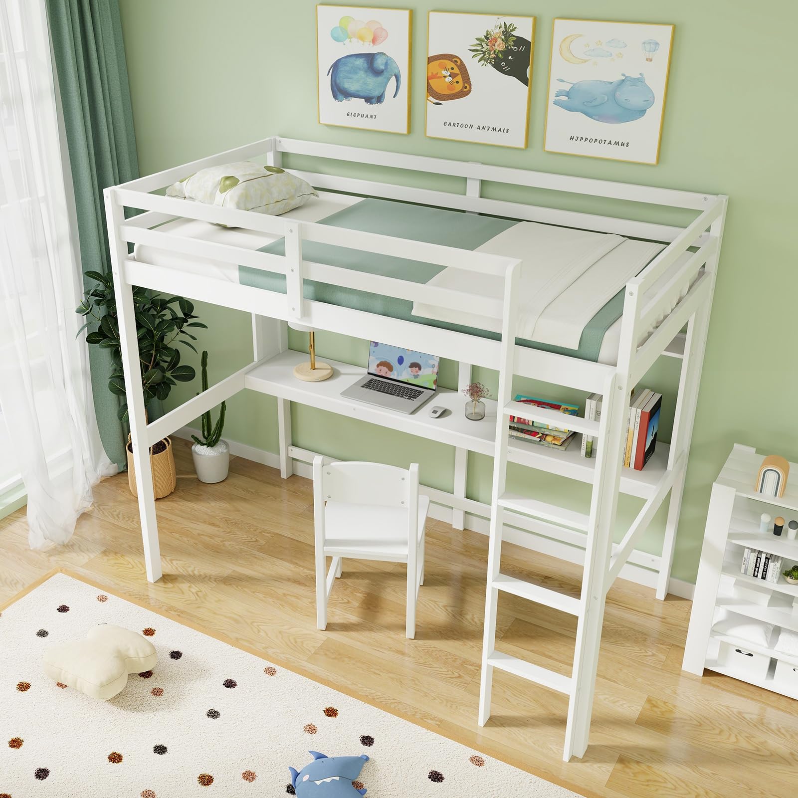 Twin Size Loft Bed with Desk, Bookshelf, Full Length Safety Guardrail & Ladder