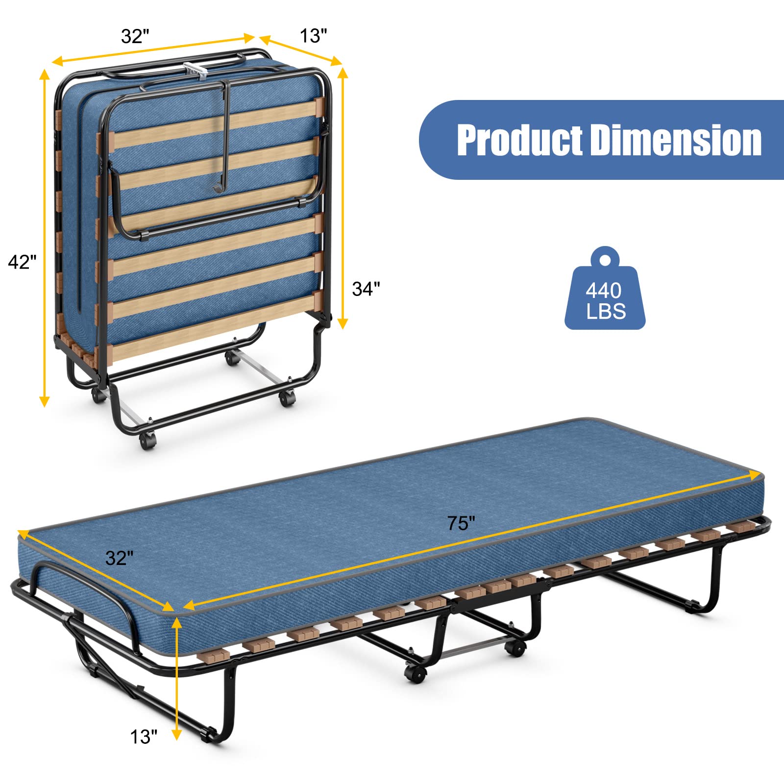 Portable Folding Rollaway Bed with Steel Frame & Memory Foam Mattress