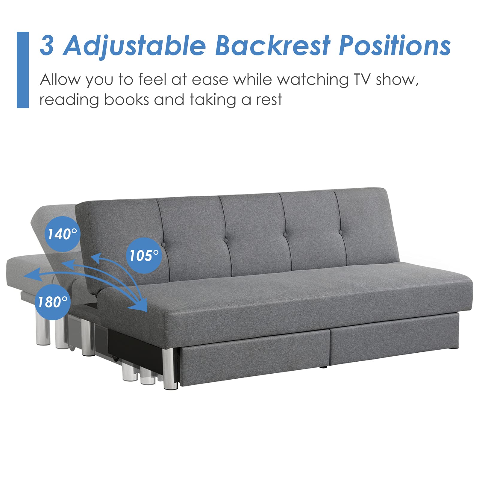 3-Seat & 3 Adjustable Angles Convertible Sofa Bed w/ 2 Large Drawers