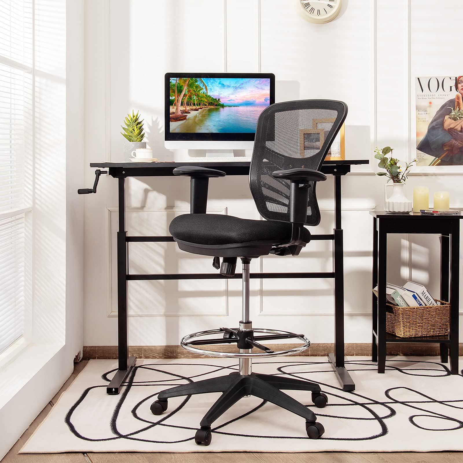 Drafting Chair, Standing Desk Chair with Lumbar Support, Footrest Ring & Armrests