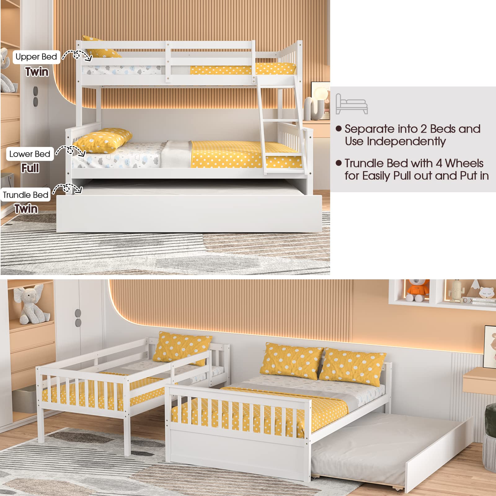 Wood Twin Over Full Bunk Bed with Solid Pine Wood Frame