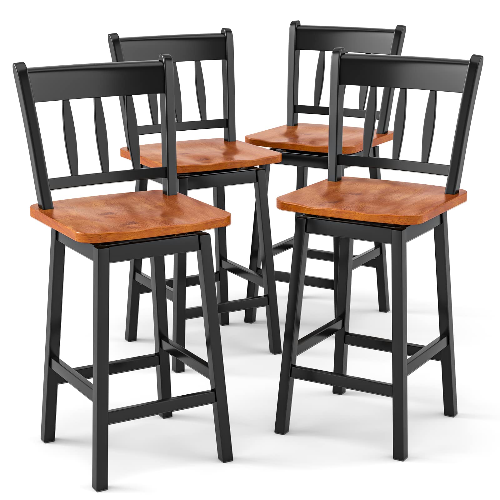 24.5 Inch Solid Rubber Wood Bar Stools Set of 2/4 with 360 &deg;Swiveling, Footrest