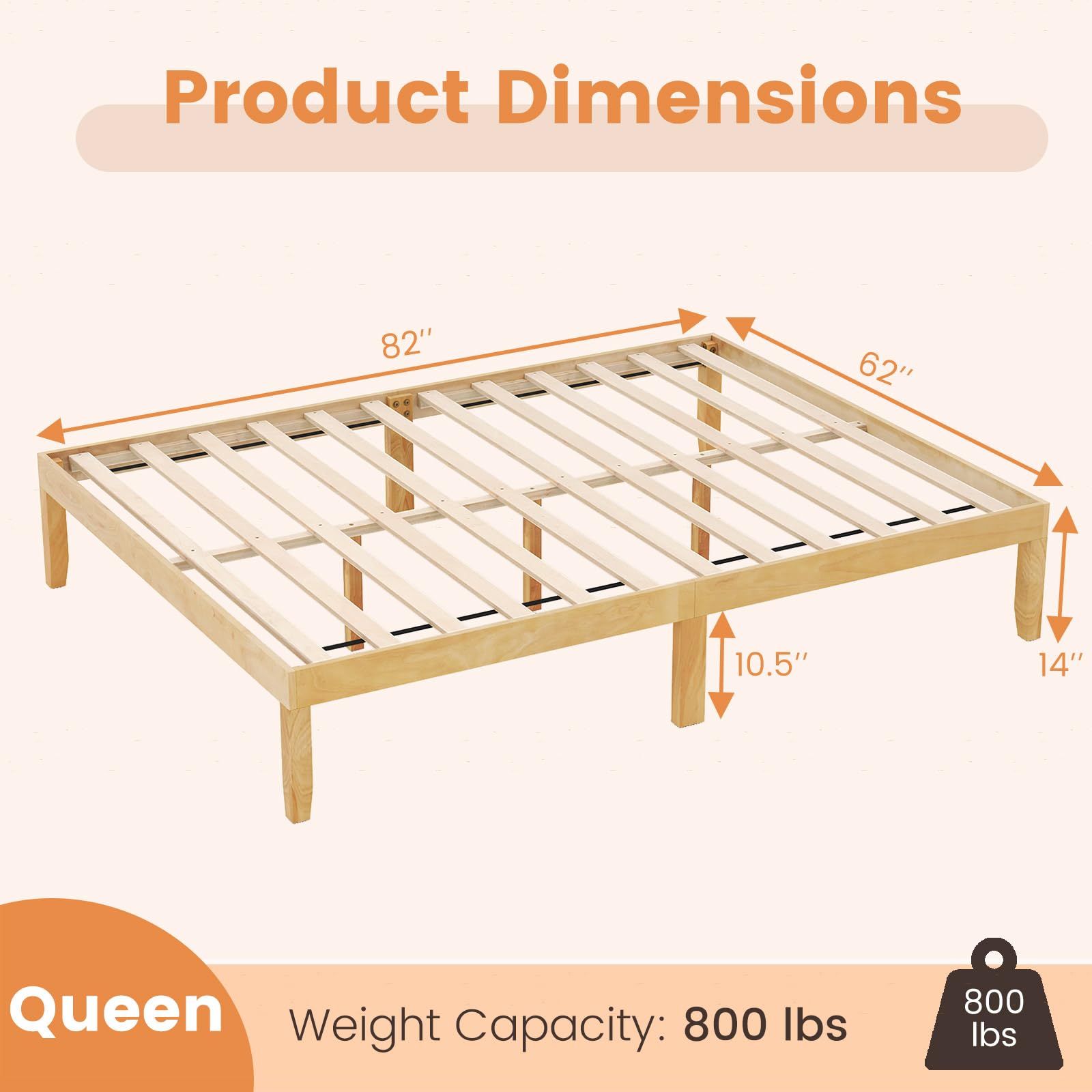 Wood Platform Bed Frame, 14 Inches Wooden Mattress Foundation with Solid Rubber Wood Legs