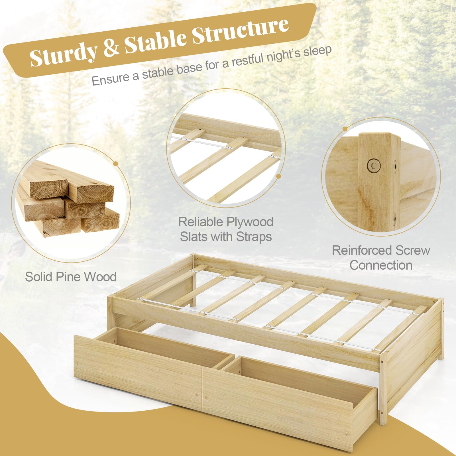 Bed Frame with 2 Storage Drawers, Solid Wood Platform Bed with Slats Support