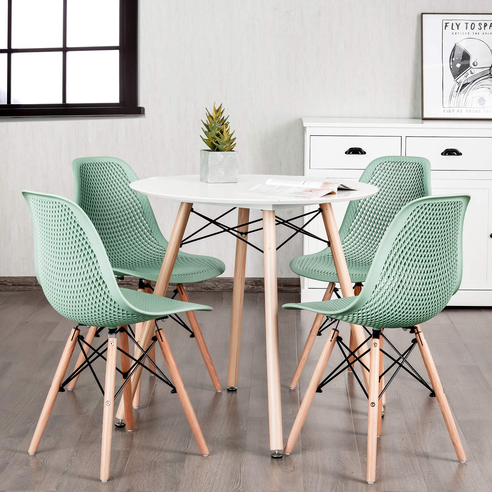 Set of 2/4 Modern Dining Chairs, Outdoor Indoor Shell PP Lounge Side Chairs with Mesh Design, Beech Wood Legs