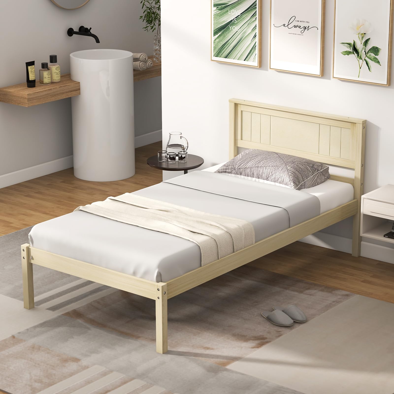Wooden Platform Bed Frame with Headboard & Wood Slat Support