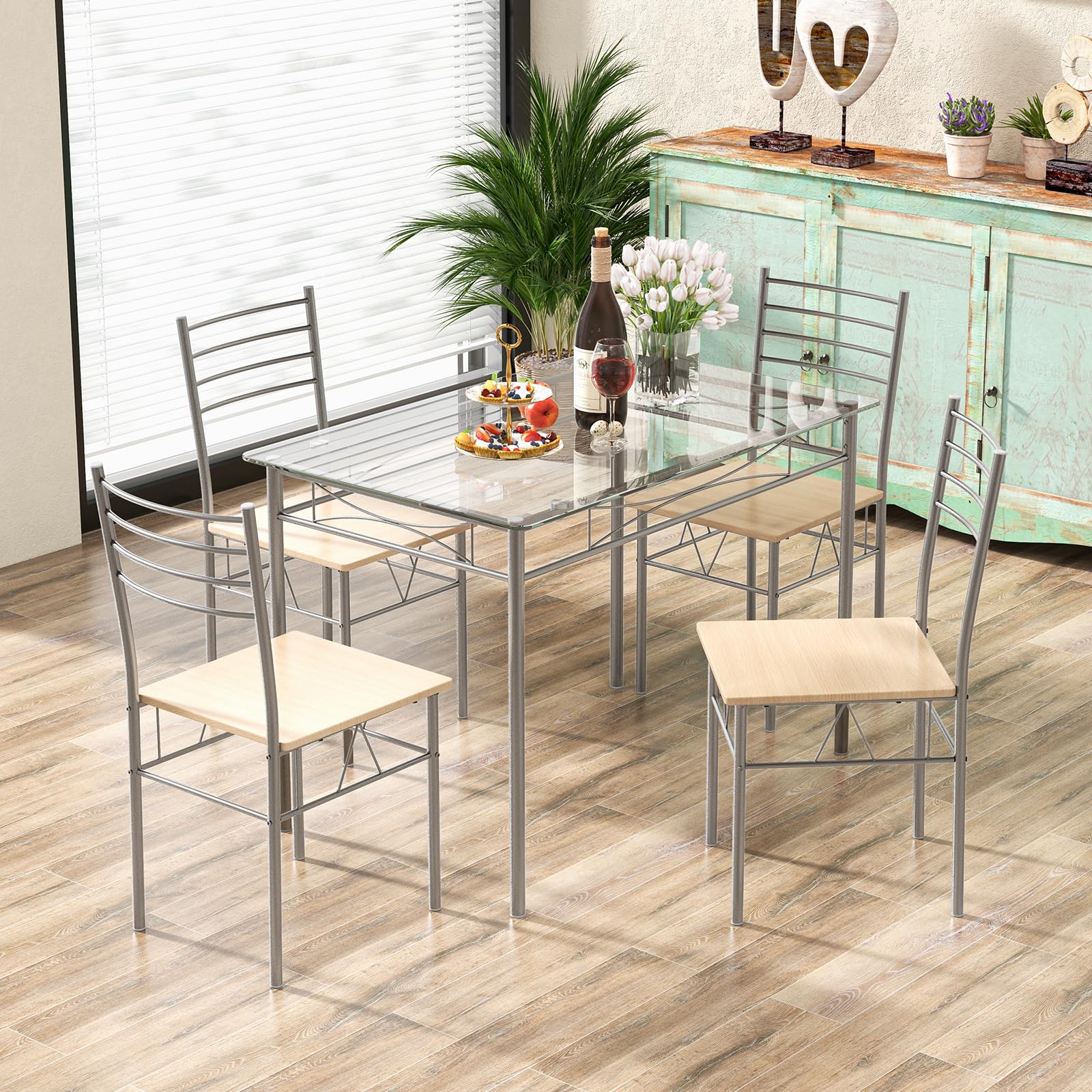 5 Piece Dining Table Set, Kitchen Dining Set with Tempered Glass Table Top and 4 Chairs