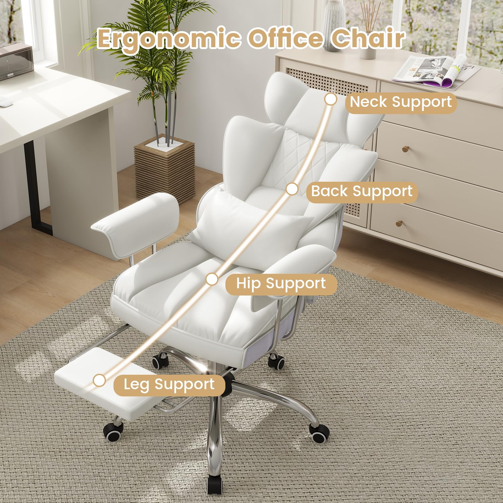 400 LBS Big and Tall Office Chair, PU Leather Executive Desk Chair w/Retractable Footrest