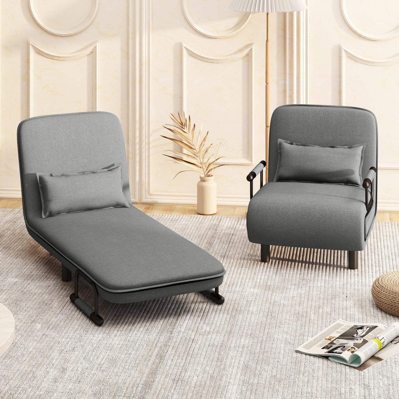 Convertible Chair Bed with 5-Position Adjustable Backrest & Lumbar Pillow, 2 Hidden Metal Legs & 2 Lockable Casters