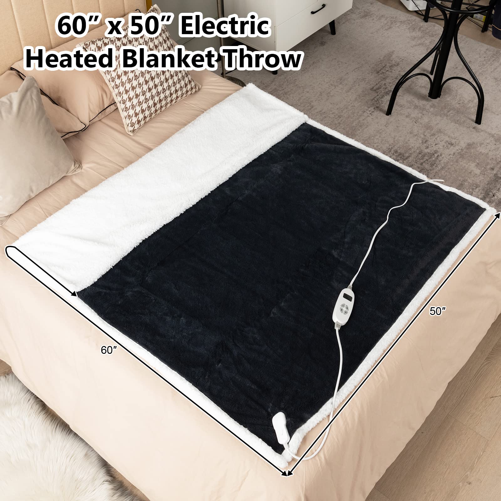 Heated Throw Blanket, Reversible Sherpa & Faux Rabbit Fur Heating Blanket w/ 10 Heat Levels, 9H Timer Auto Off, Machine Washable Blanket Warmer