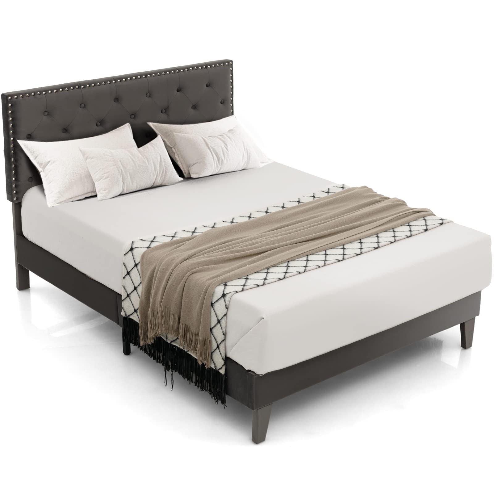 Full/Queen Size Upholstered Bed Frame with Tufted Headboard & Soft-padded Footboard