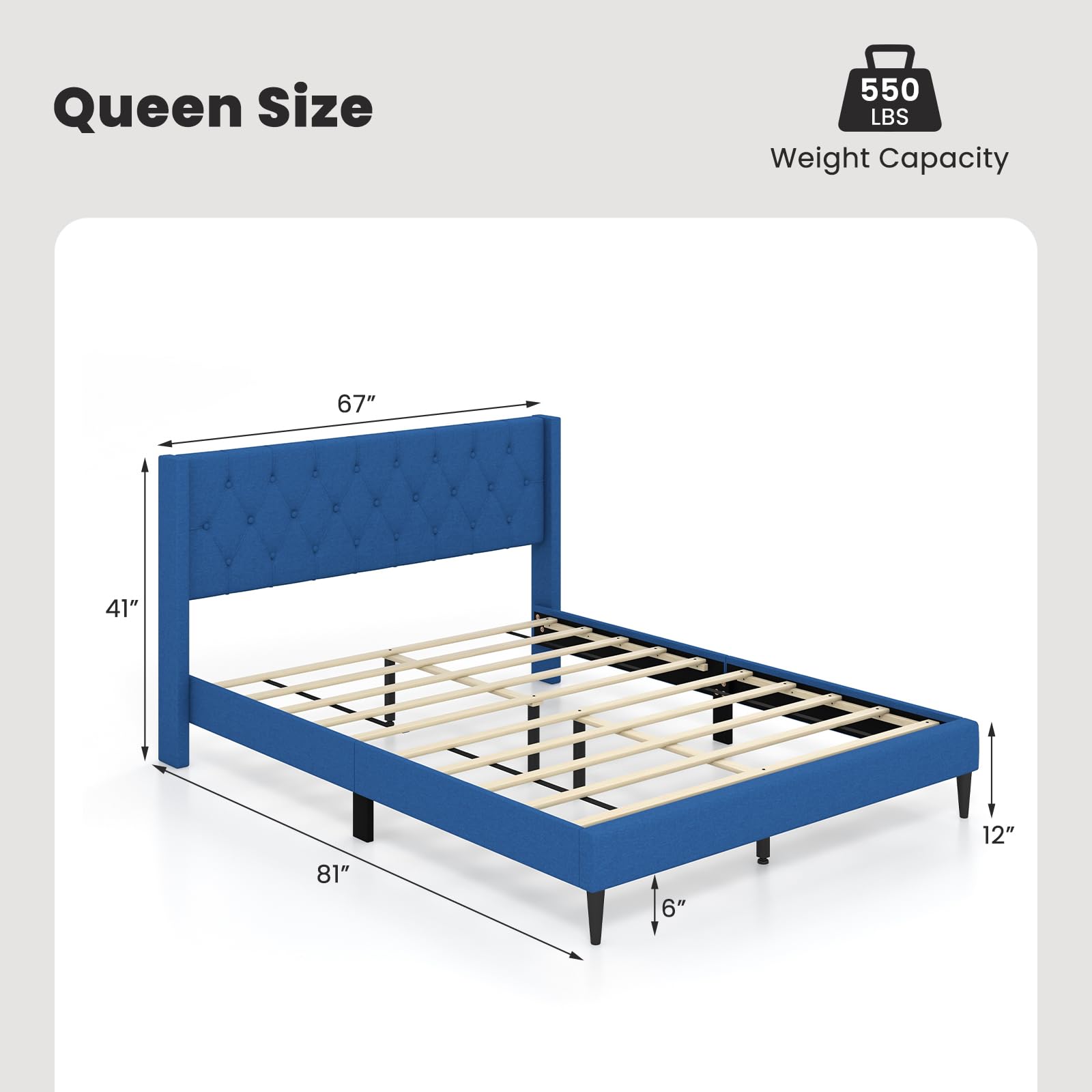 Upholstered Platform Bed with Button Tufted Wingback Headboard
