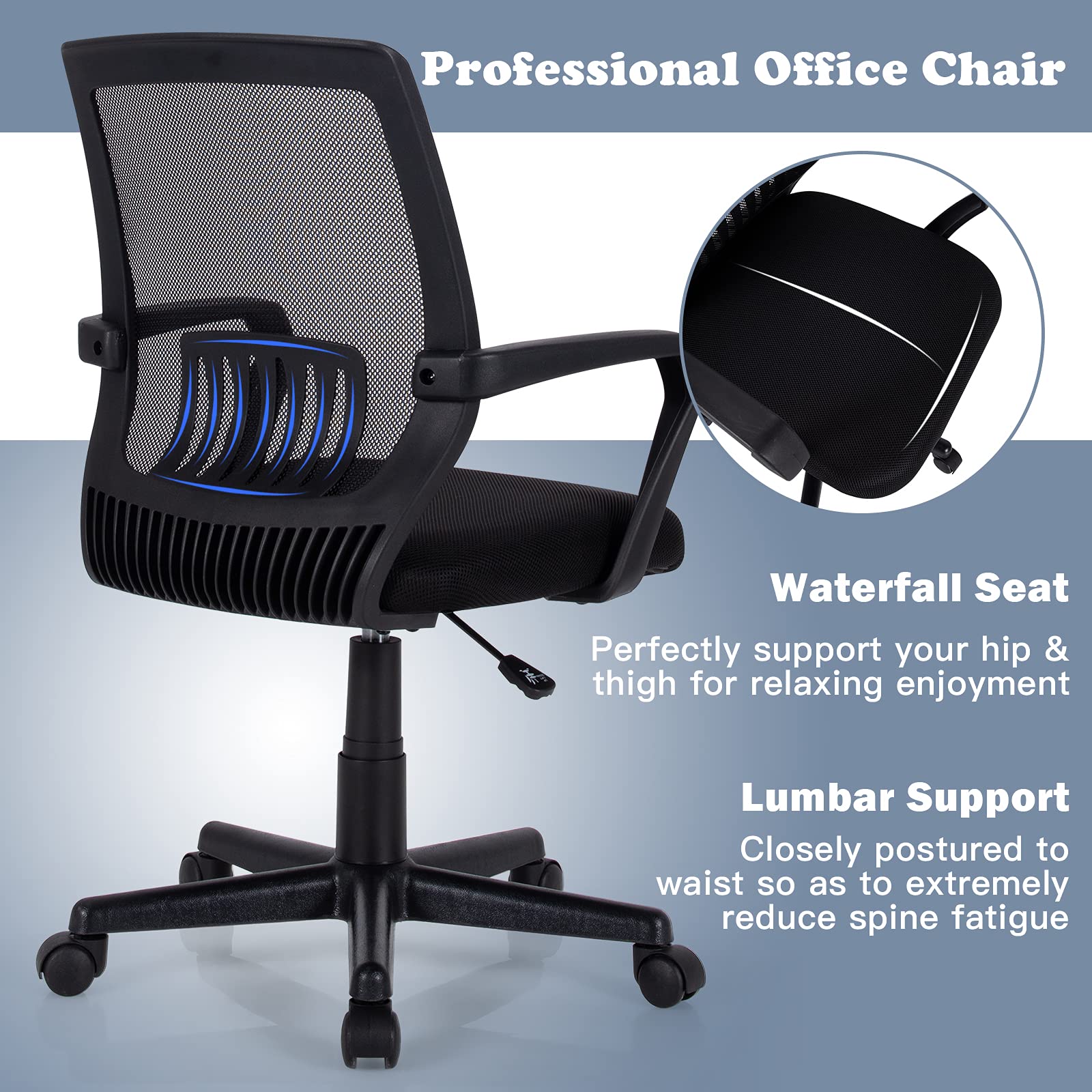 Office Chair, Mesh Desk Chairs with Wheels, Lumbar Support, Waterfall Seat
