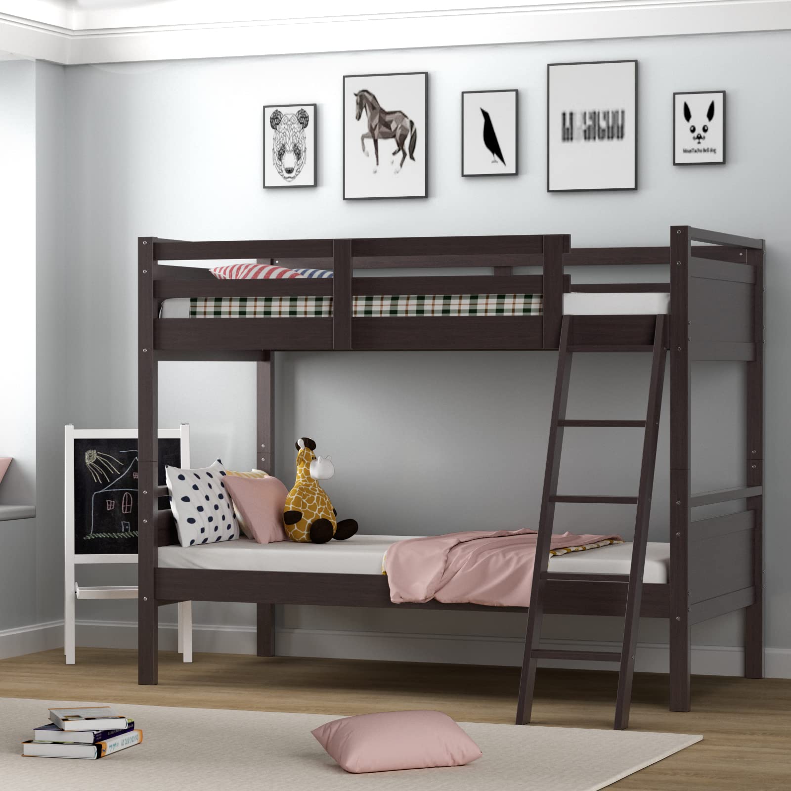 Twin-Over-Twin Wood Bunk Bed, Multifunction Convertible 2 Individual Beds