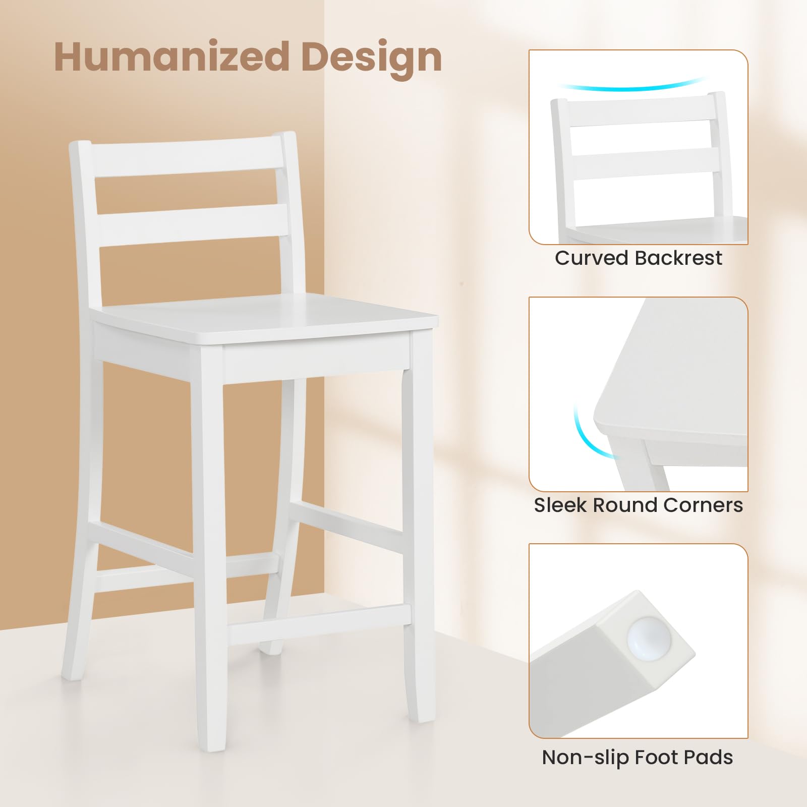 Wooden Bar Stools Set of 2/4, 24-Inch Counter Height Stools with Ergonomic Backrest & Footrest