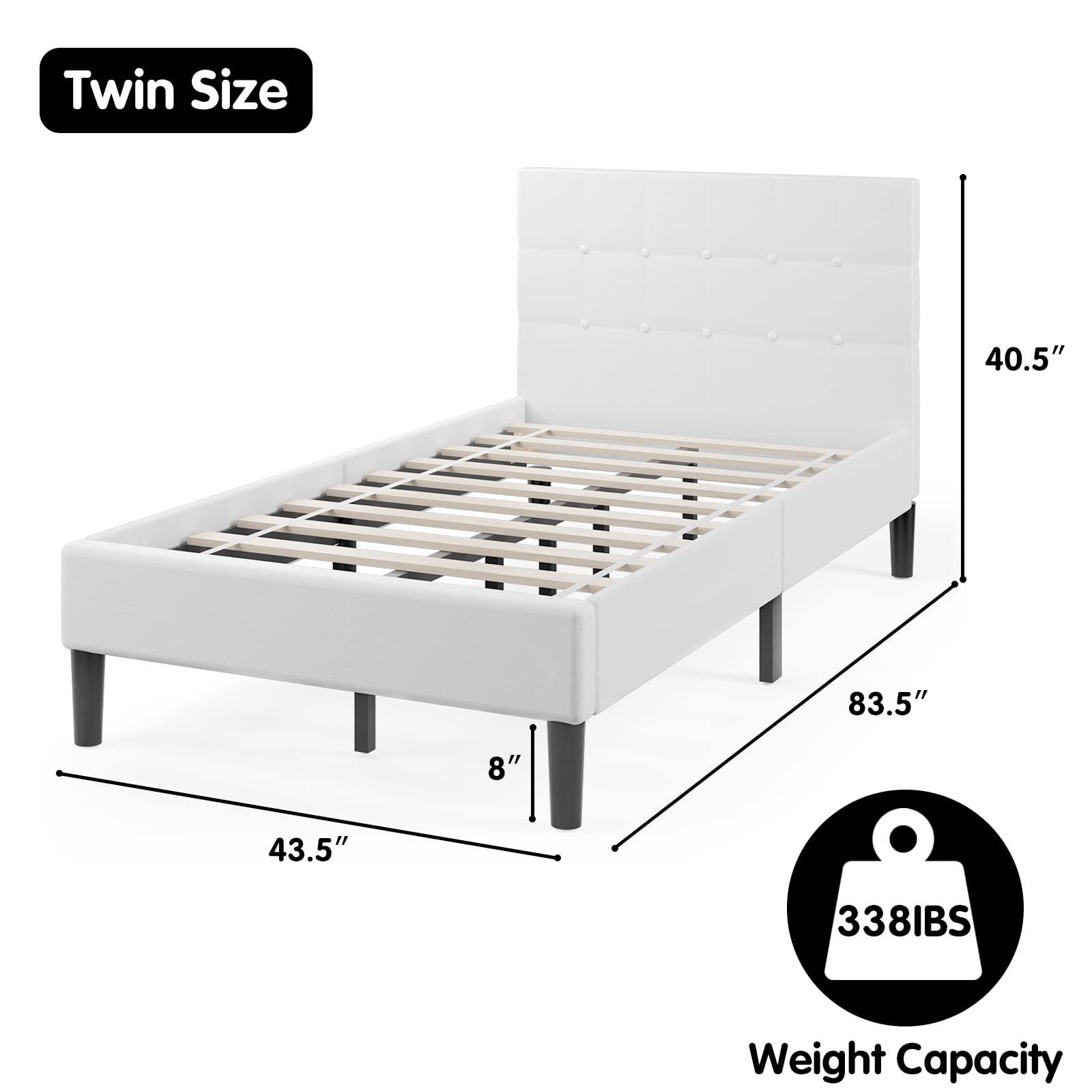 Twin Size Upholstered Bed Frame, Modern Mattress Foundation with Solid Wood Slats Support