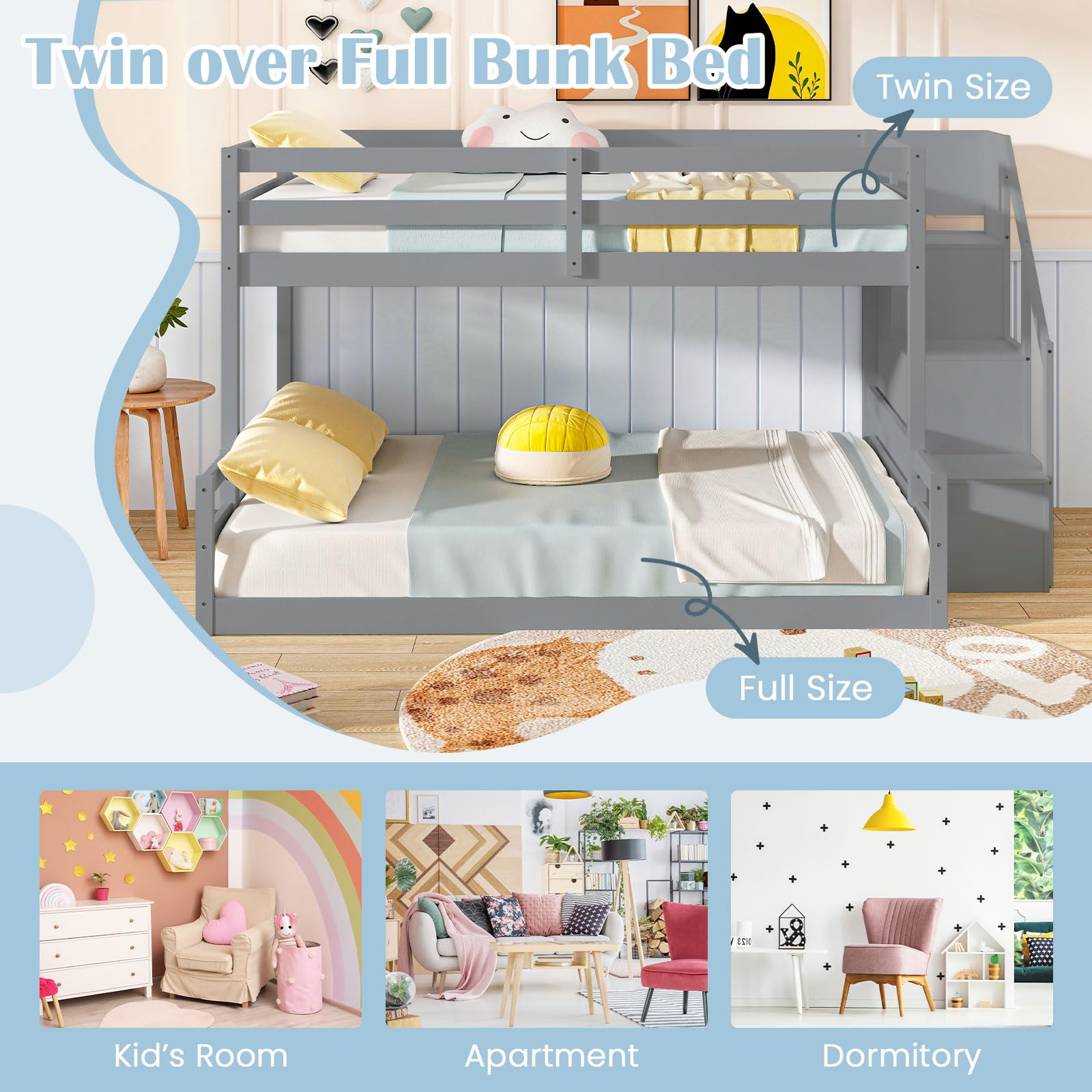 Bunk Bed with Stairs, Solid Wood Floor Bunk Bed with Storage Staircase & Full-Length Guardrails