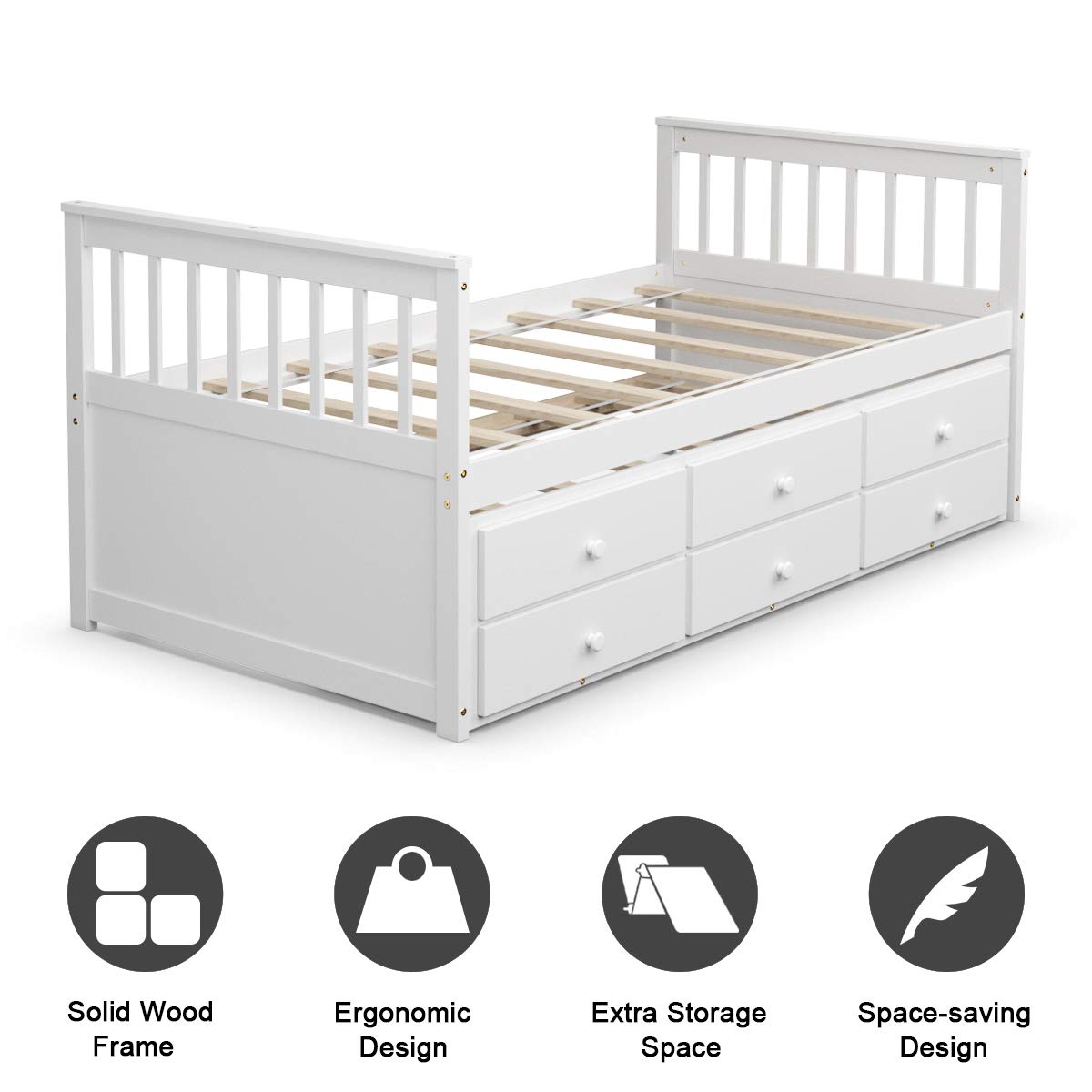 Twin Captain&rsquo;s Bed with Trundle Bed, Wood Storage Daybed with 3 Storage Drawers